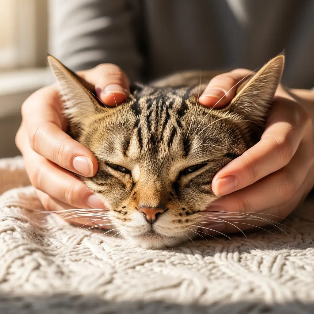 Cat owner gently checking their cat's ears and face during a home health check
