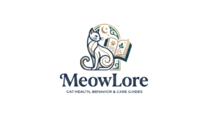 MeowLore logo - Mystical cat health guides with elegant feline silhouette and ancient book elements