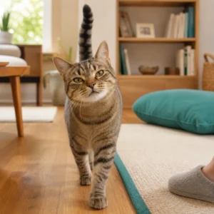 Tabby cat walking toward camera with tail straight up in friendly greeting pose on wood floor beside teal-trimmed cream rug