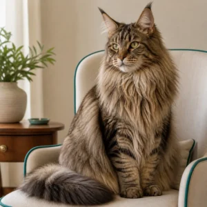 Maine Coon cat with lion-like ruff and tufted ears sitting regally on cream upholstered chair with teal piping