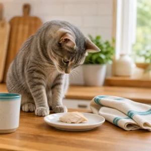 Curious tabby cat sniffing piece of plain cooked chicken on white plate beside teal-striped kitchen towel on wood counter