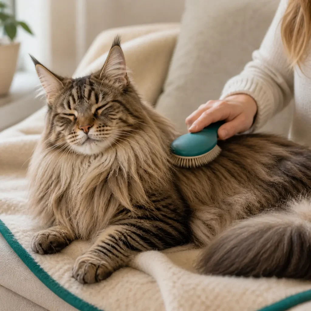 Relaxed longhaired cat lying on cream wool blanket with teal-bordered edge being gently brushed by owner with teal-handled brush