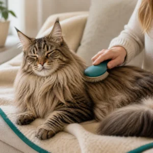 Relaxed longhaired cat lying on cream wool blanket with teal-bordered edge being gently brushed by owner with teal-handled brush