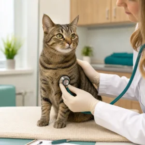 Adult tabby cat being calmly examined by veterinarian's hands holding a teal-tubed stethoscope on cream exam mat