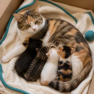 Calico mother cat nursing four mixed-color kittens on cream blanket with teal-bordered edge in cardboard nursing box